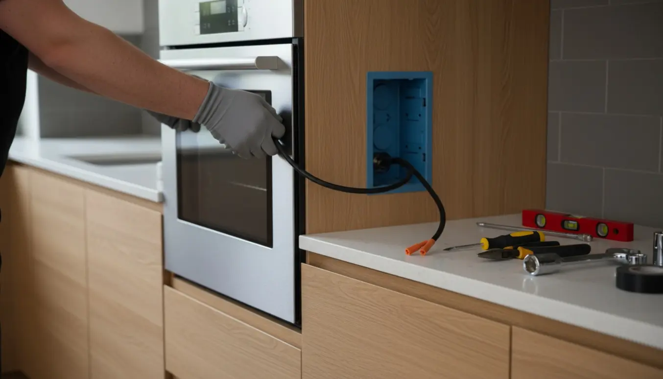 En montør fører en indbygningsovn ind i et køkkenskab med synlig afsat dåse og værktøj på bordet.