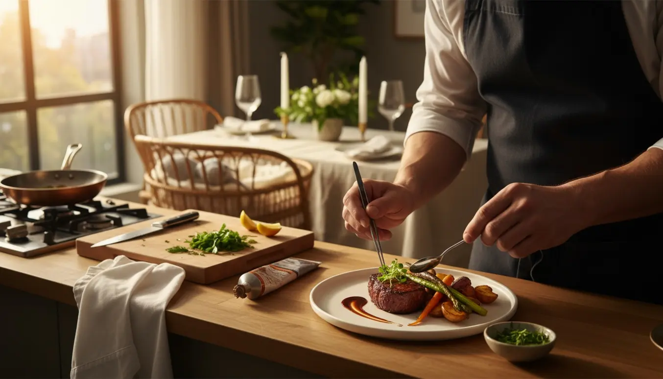 En privat kok anretter et gourmetmåltid i hjemmets spisestue med en vugge i baggrunden.