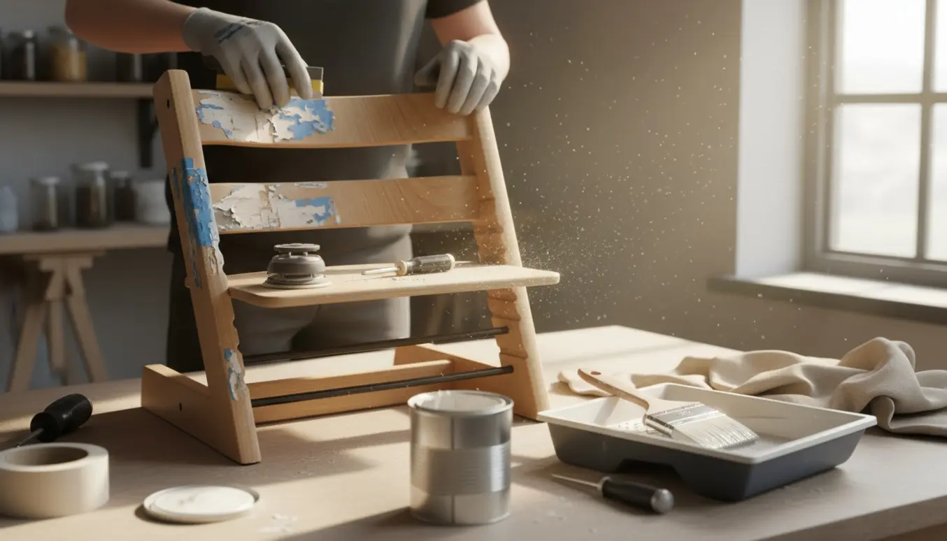 En Tripp Trapp-stol under istandsættelse med afskallet maling på den ene side og nyslebet træ samt maleredskaber i naturligt dagslys.