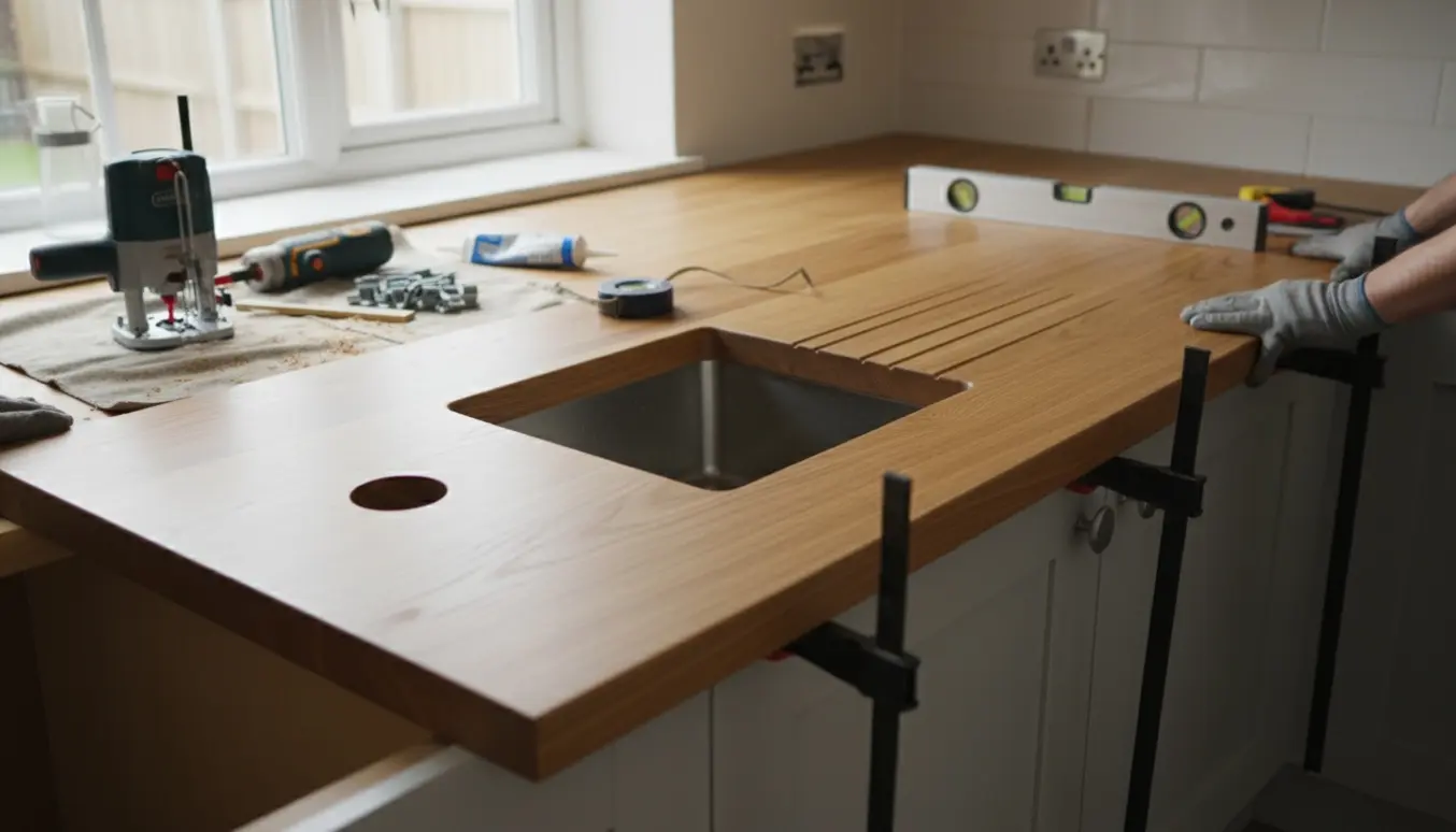 Ny 30 mm eg bordplade monteres på køkkenskabe med udsavning til vask og blandingsbatteri.