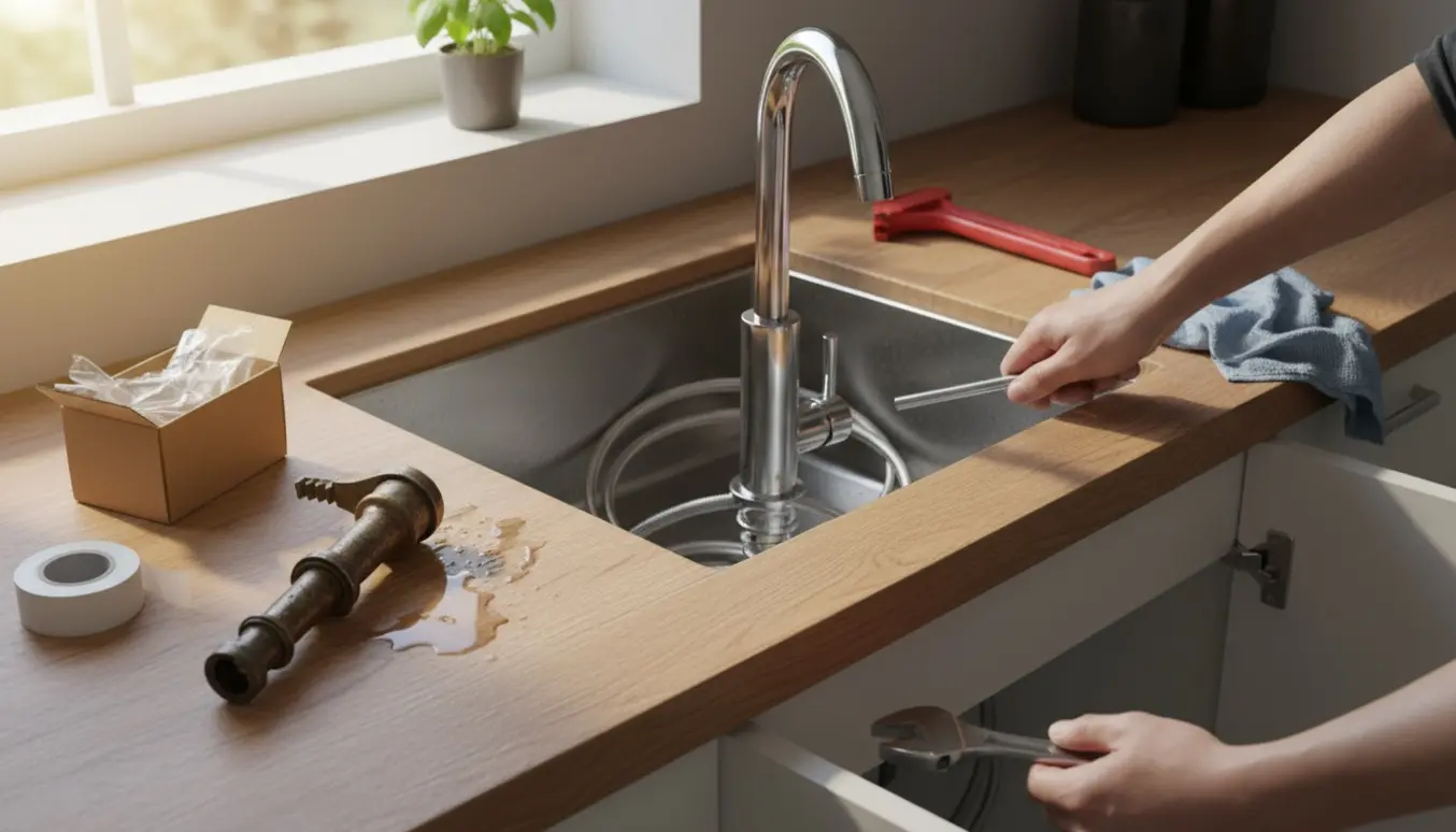 Hænder monterer en ny køkkenvandhane over en rustfri vask med værktøj og åbent underskab i naturligt lys.