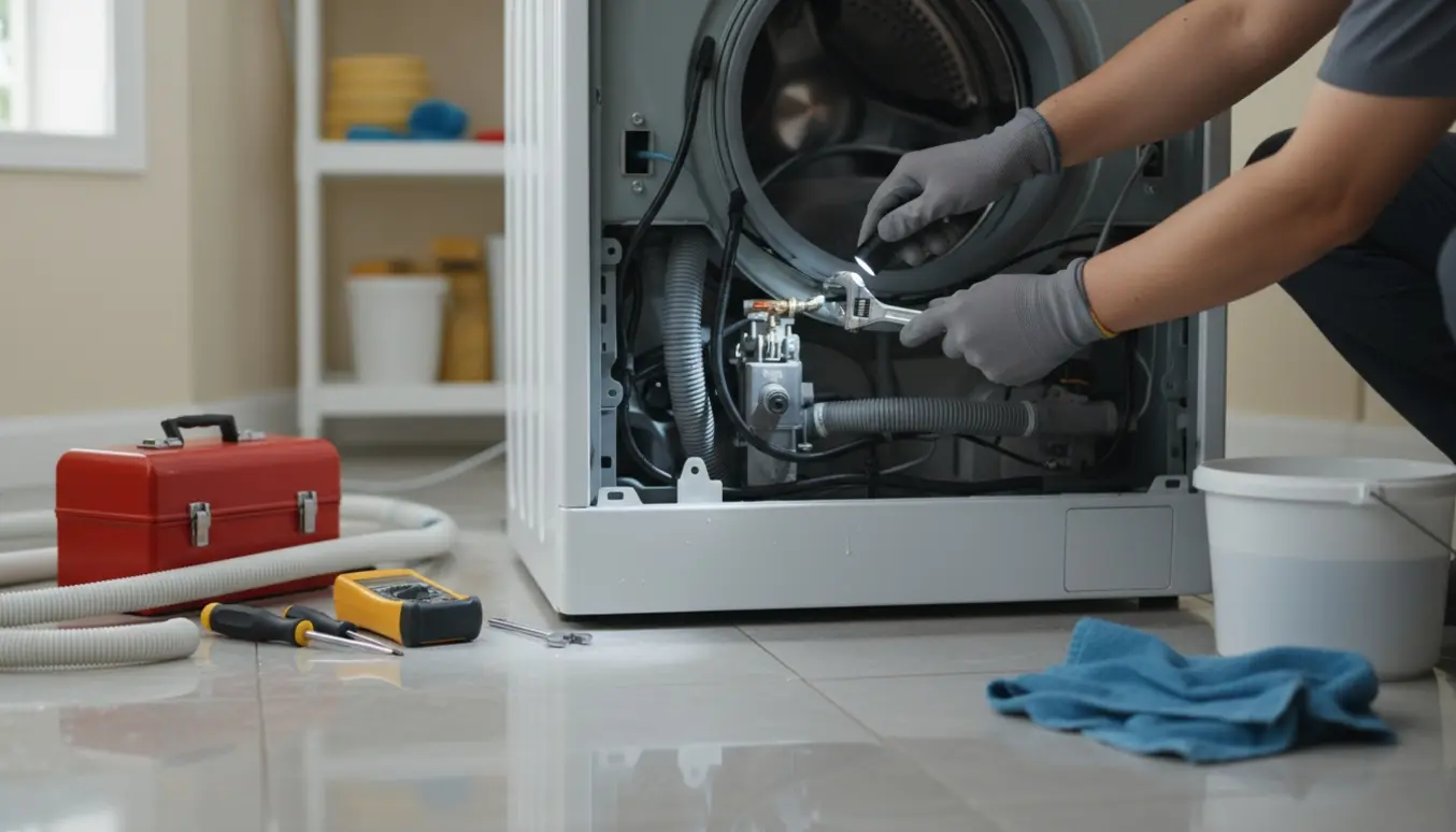 Tekniker arbejder ved en åben vaskemaskine med vand i bunden og værktøj på gulvet.