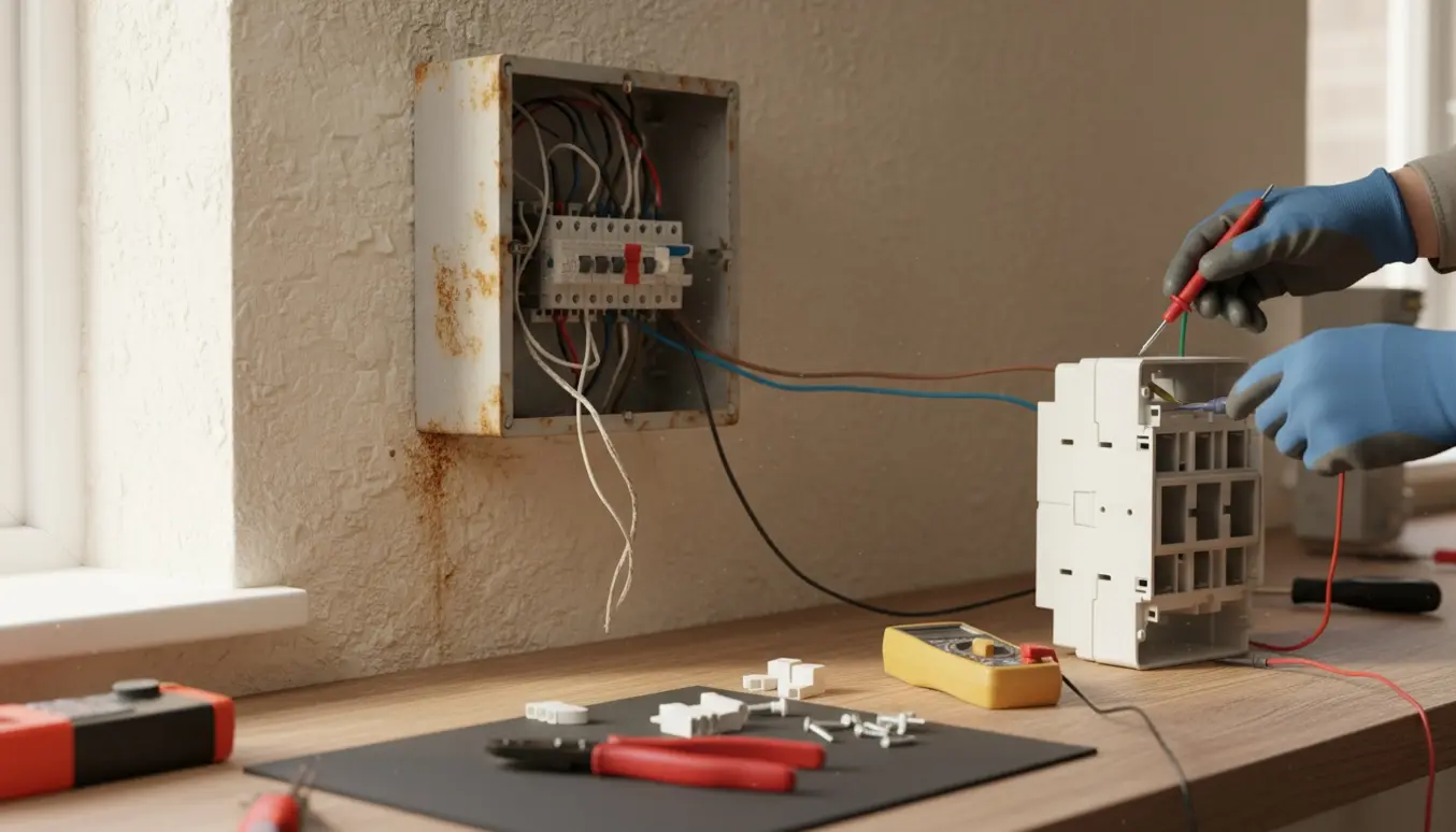 En teknikers hænder skifter en gammel eltavle til en ny moderne tavle i et bryggers.