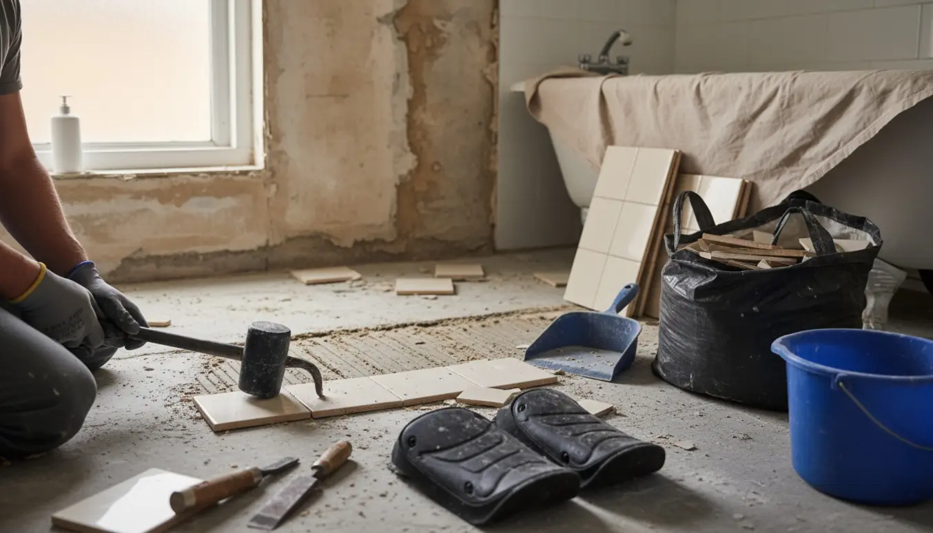 Lille badeværelse under renovering med fliser fjernet fra gulv og vægge og værktøj klar til bortskaffelse.
