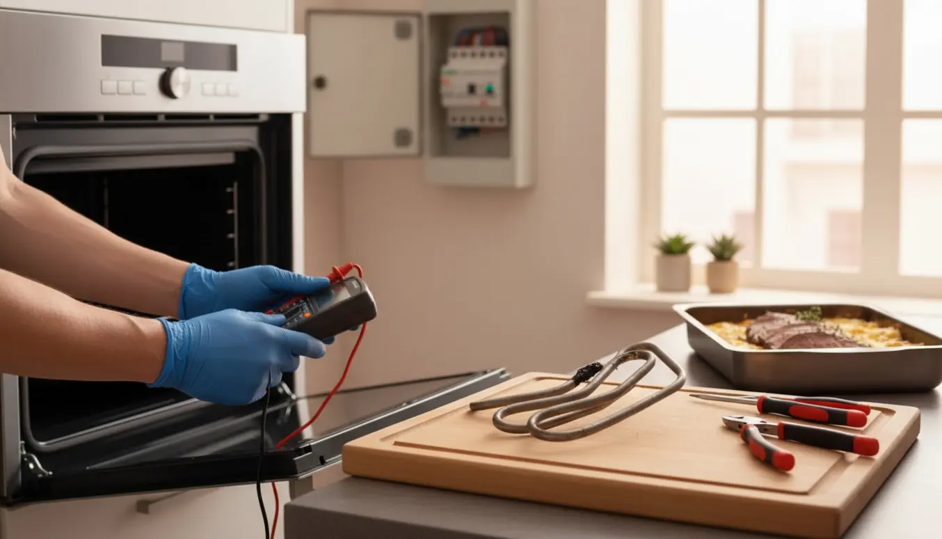 Tekniker med handsker undersøger en indbygningsovn og eltavle med et beskadiget varmelegeme på bordet.