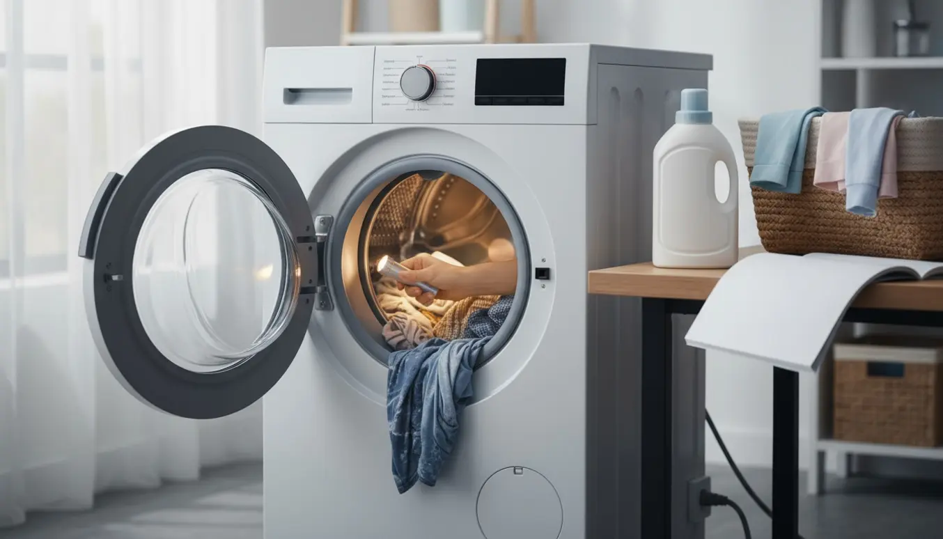 Frontbetjent vaskemaskine med åben dør og våde tøj, hænder trækker en våd T‑shirt ud.