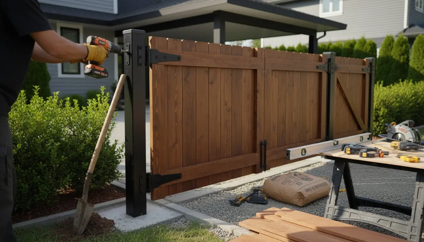 Nærbillede af træport og havelåge under opbygning foran en carport med værktøj og arbejdshandsker.
