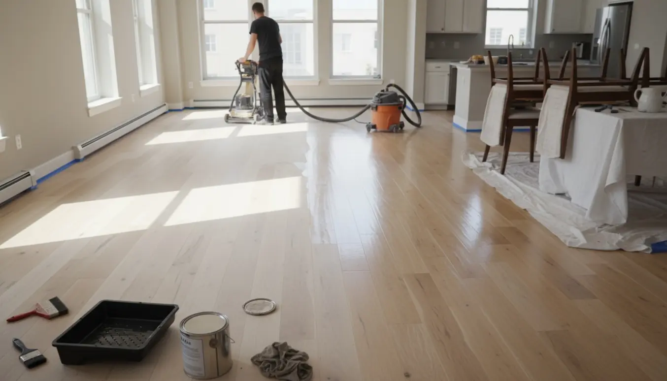 Halvslibet og nylakeret trægulv i en lys stue-køkken med slibemaskine og lakkegrej.