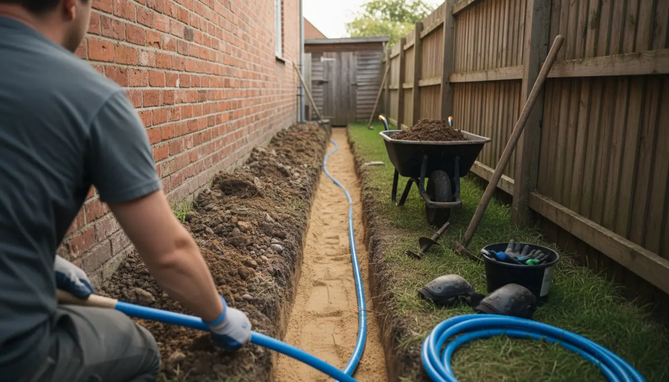 Håndgravet rende mellem hus og skur med en vandledning klar til nedlægning.