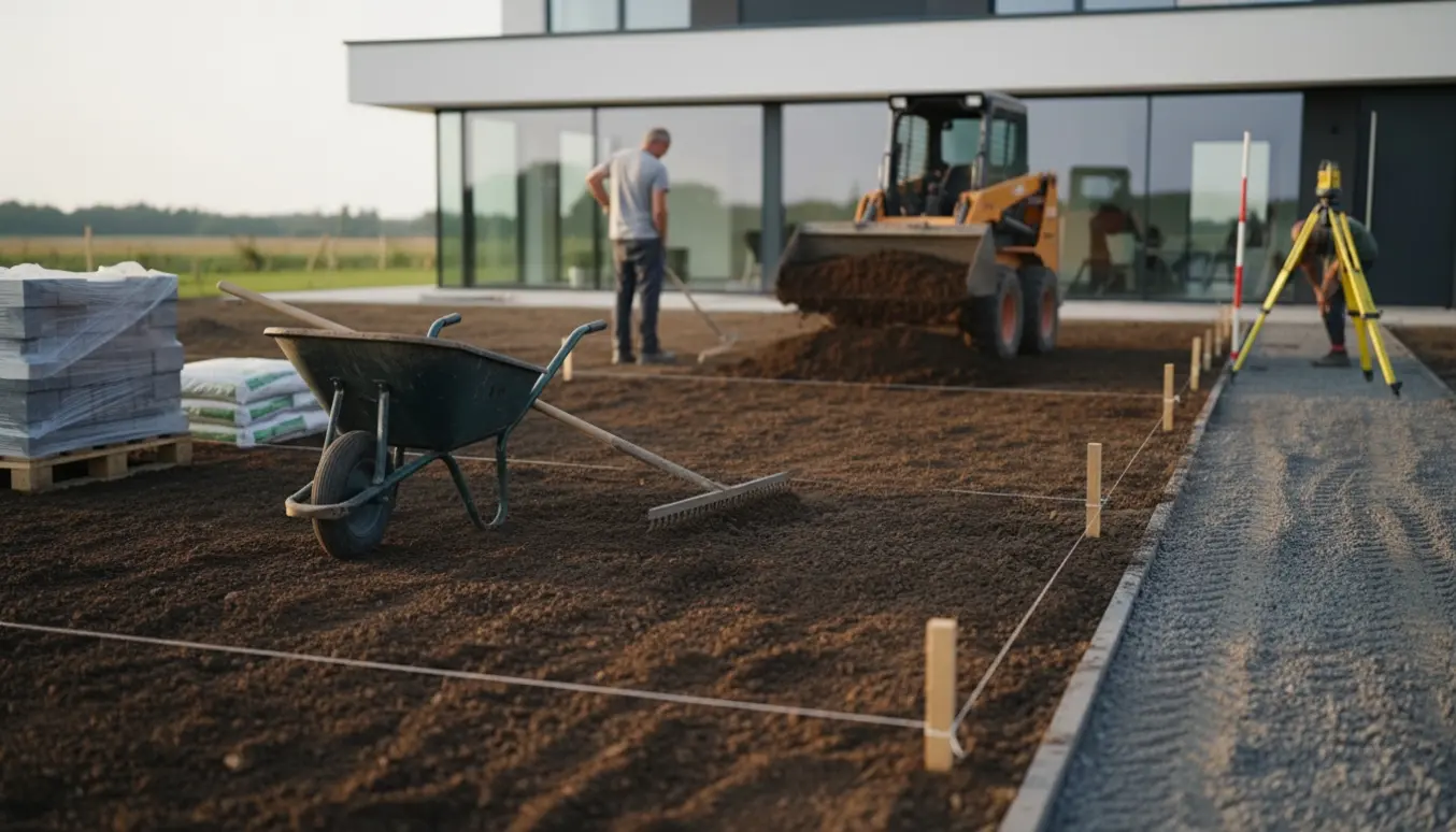 Jævning og påføring af jord på en ny grund foran et nyt hus, klar til fliser.