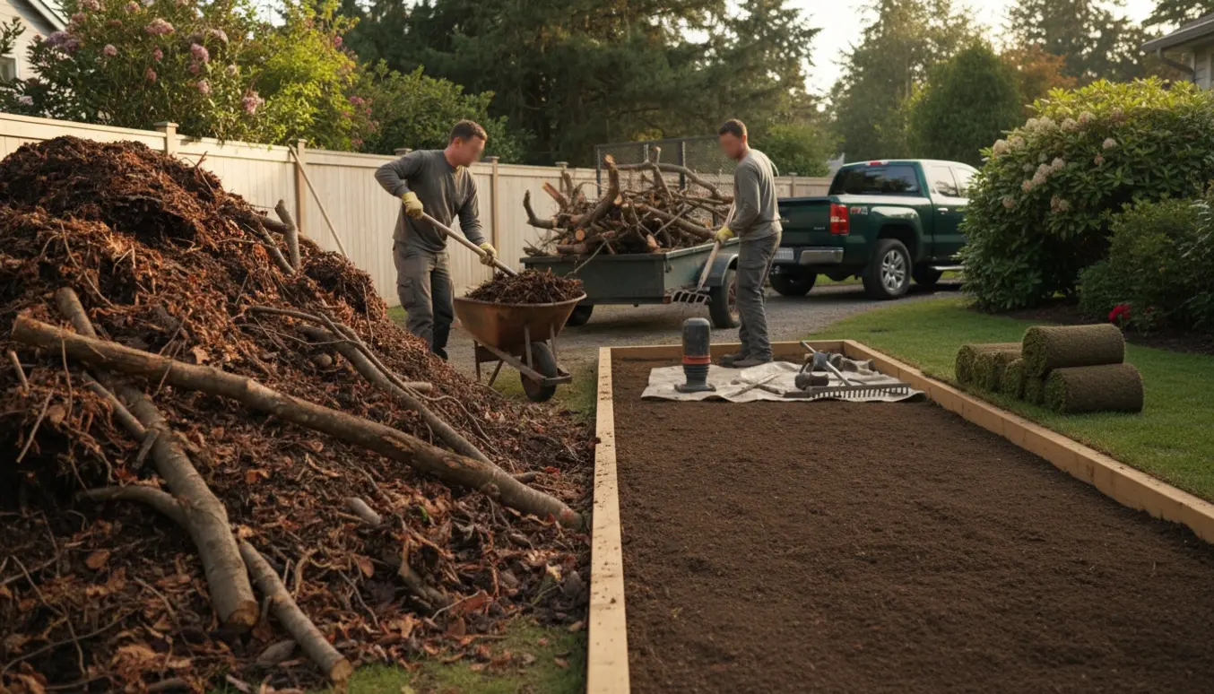 Stor bunke kompost og grene i en baghave, hvor materialet læsses af og området ved siden af er ryddet og planeret til nyt græs.