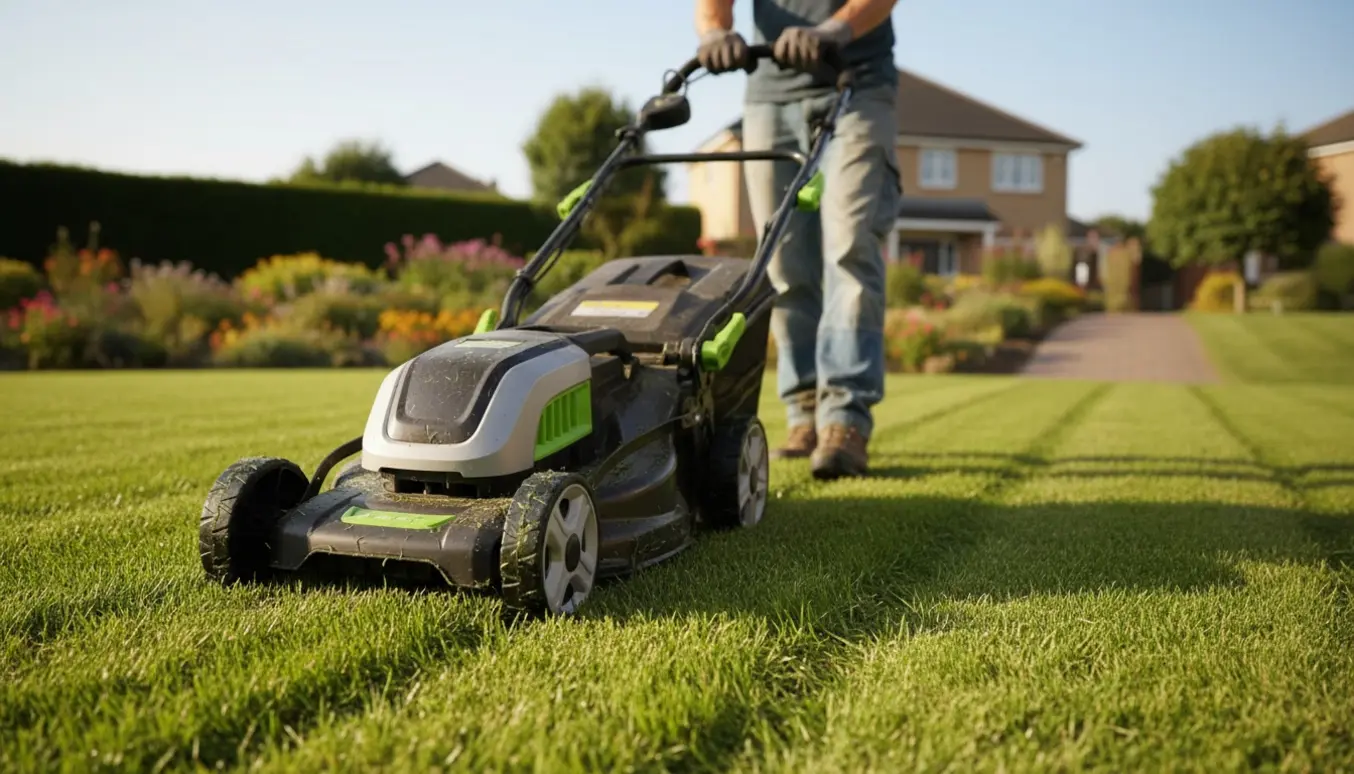 En plæne bliver slået med en moderne plæneklipper foran et parcelhus, med klare striber i det nyklippede græs.
