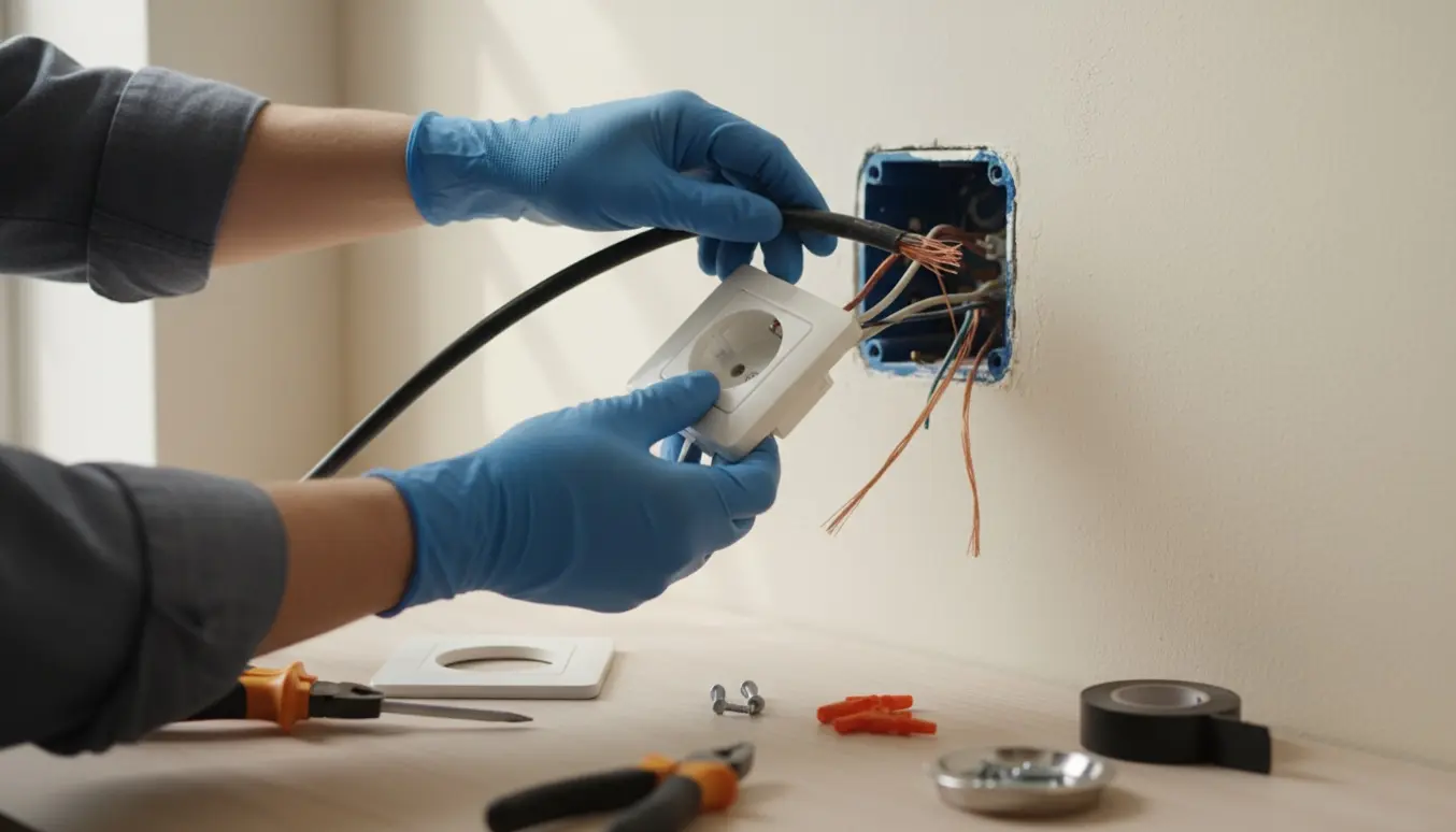 Handskerede hænder udskifter en beskadiget stikkontakt og fjerner et ekstra kabel ved en åben installationsdåse.