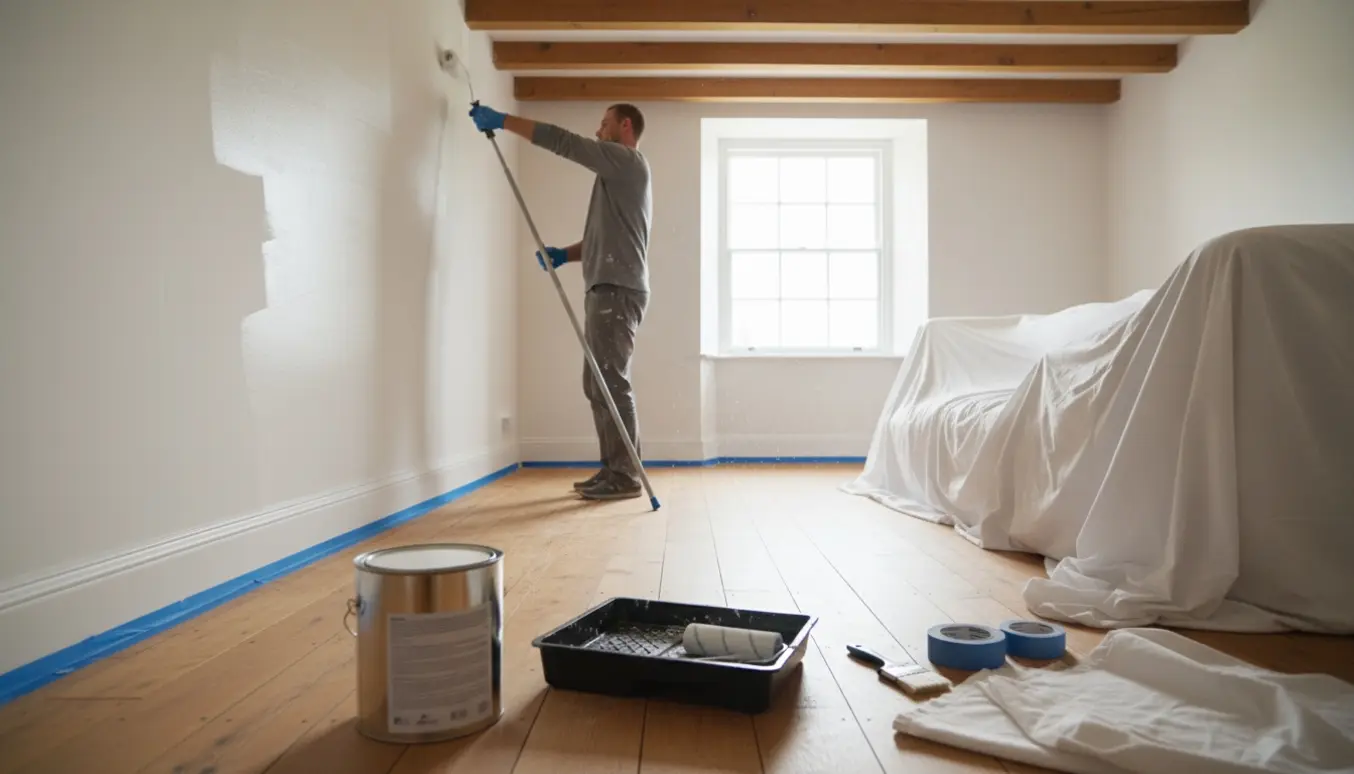 Indvendigt landhus med hvide vægge under maling, malerrulle og malerværktøj i fokus.