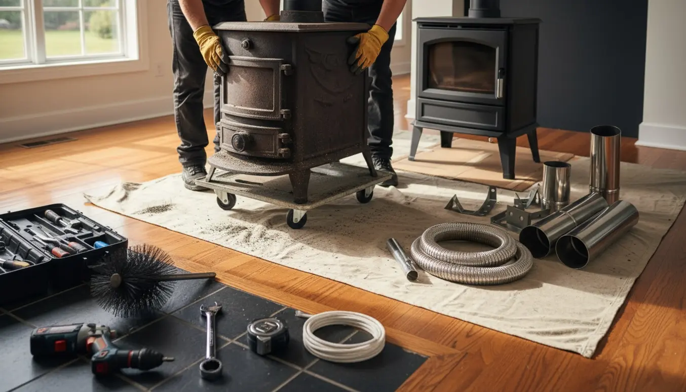 Installatører fjerner en gammel brændeovn og monterer en ny i en lys stue.