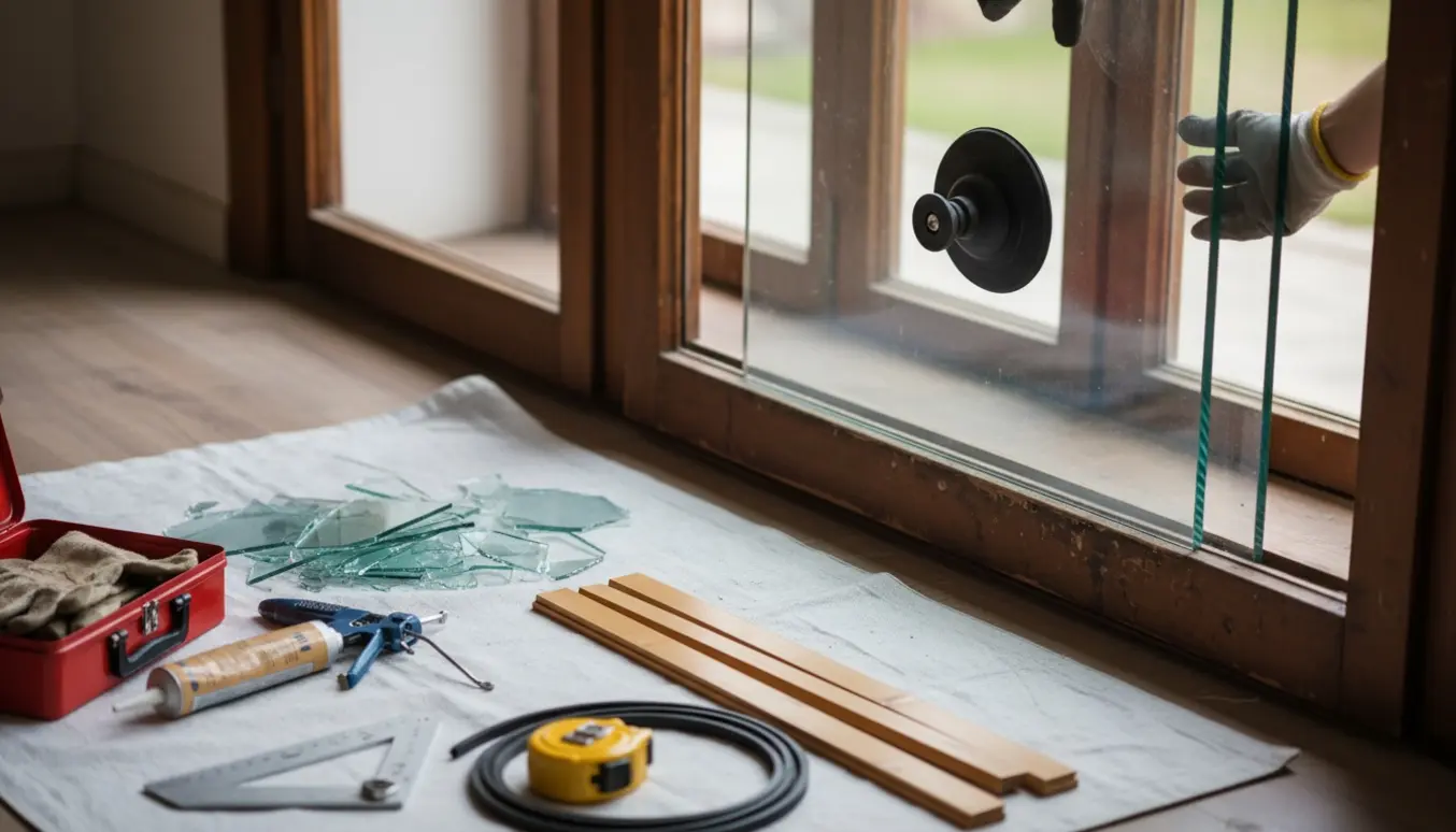 Nærbillede af handskerede hænder, der monterer en ny termorude i en trævinduesramme med værktøj og sollys i baggrunden.