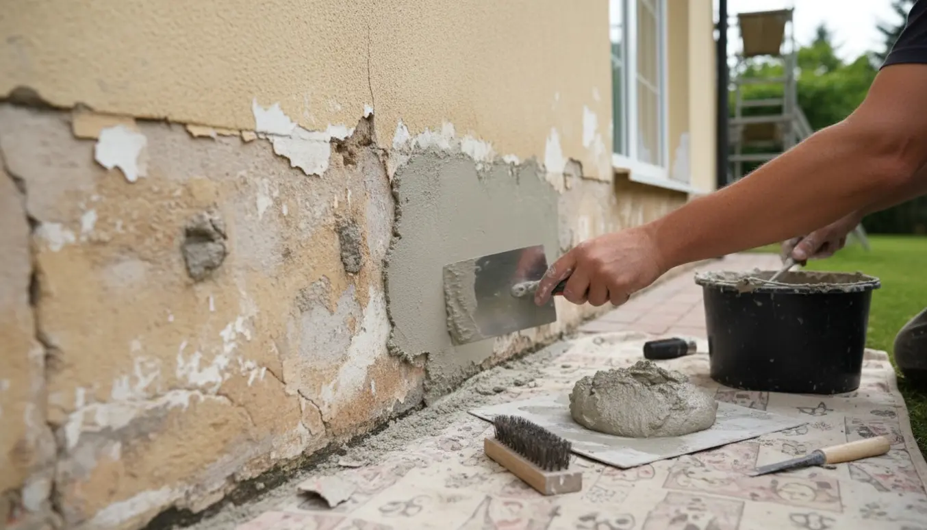 Nærbillede af håndværker, der pudser og reparerer soklen på et hus med frisk mørtel og værktøj.