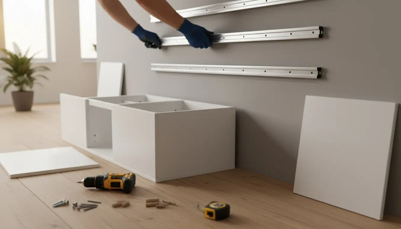 Person monterer et vægmonteret tv-bord og samler et lille gangskab med boremaskine, tommestok og rawlplugs.