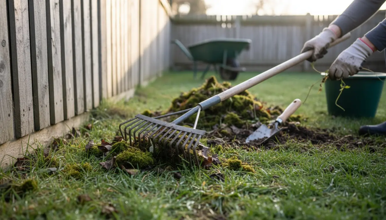 Nærbillede af havehandsker og rive, der fjerner mos og ukrudt fra en lille græsplæne ved et træhegn.