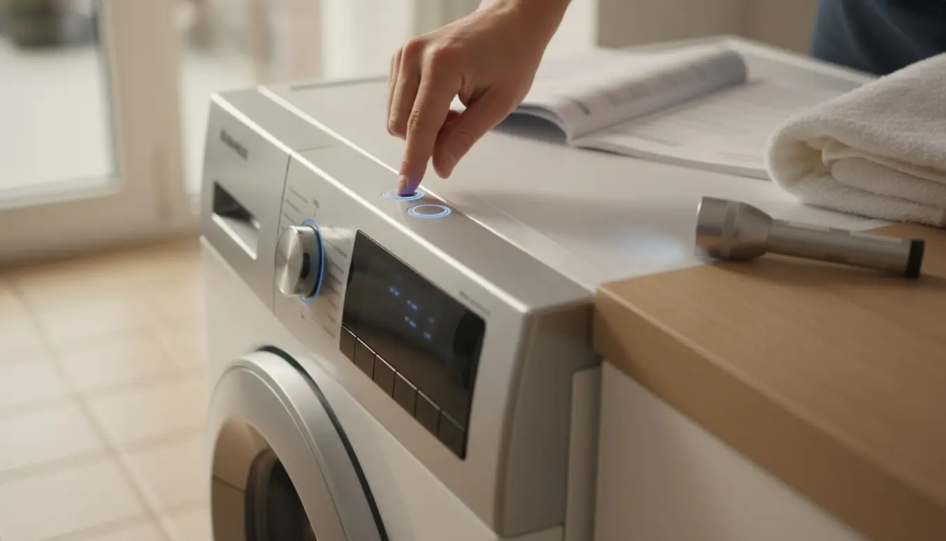 Nærbillede af hænder, der holder knapperne på en frontbetjent vaskemaskine for at deaktivere børnesikring med en åben manual ved siden af.