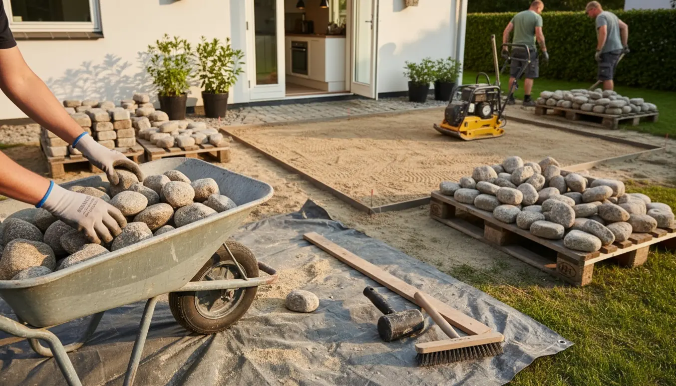 Gloved hænder læsser pigsten i en trillebør i en soloplyst baghave foran et område klar til ny terrasse.