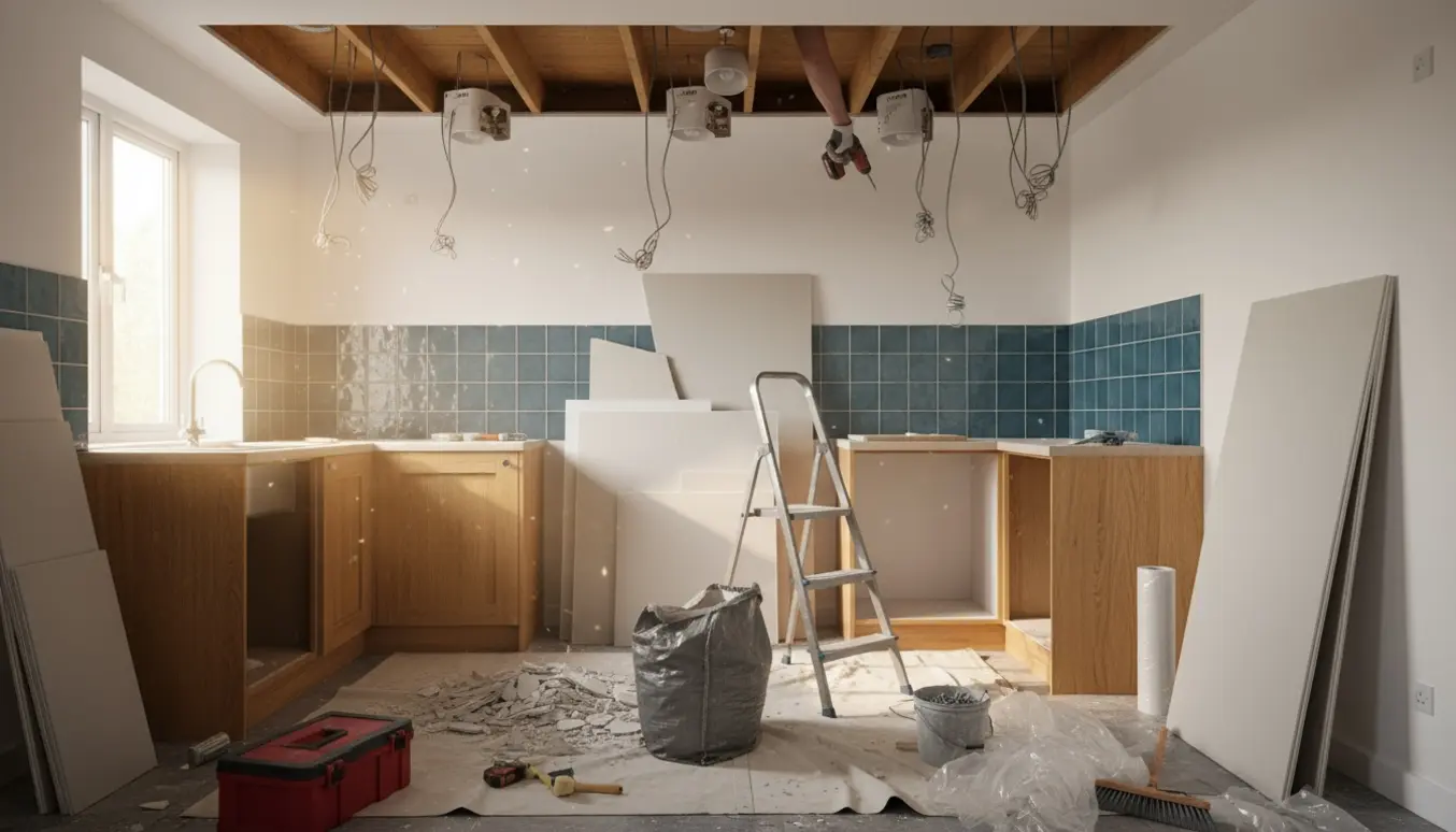 Lille køkken under renovering med delvist fjernet nedhængt loft, udsatte bjælker, værktøj og afdækkede overflader.