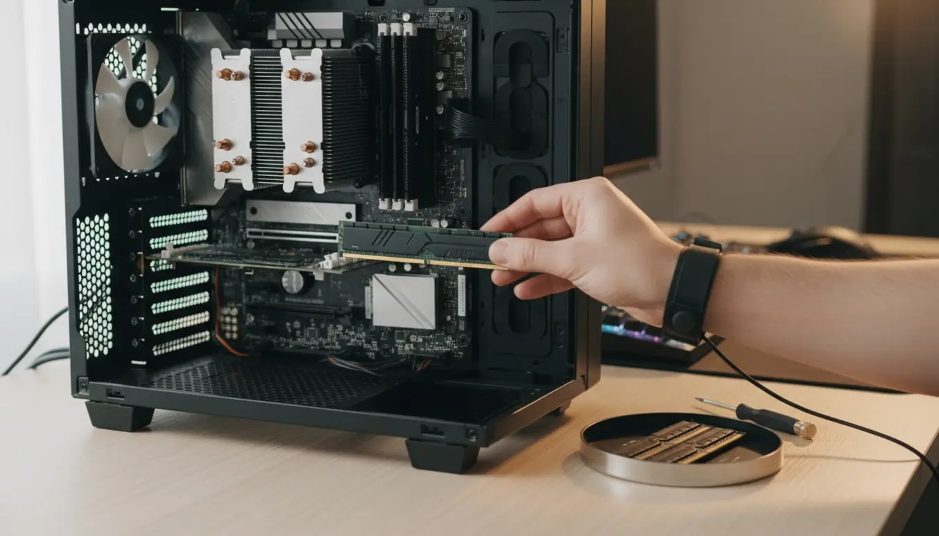 Nærbillede af hænder, der indsætter en RAM-pind i en åben gamer-PC på et ryddeligt skrivebord.