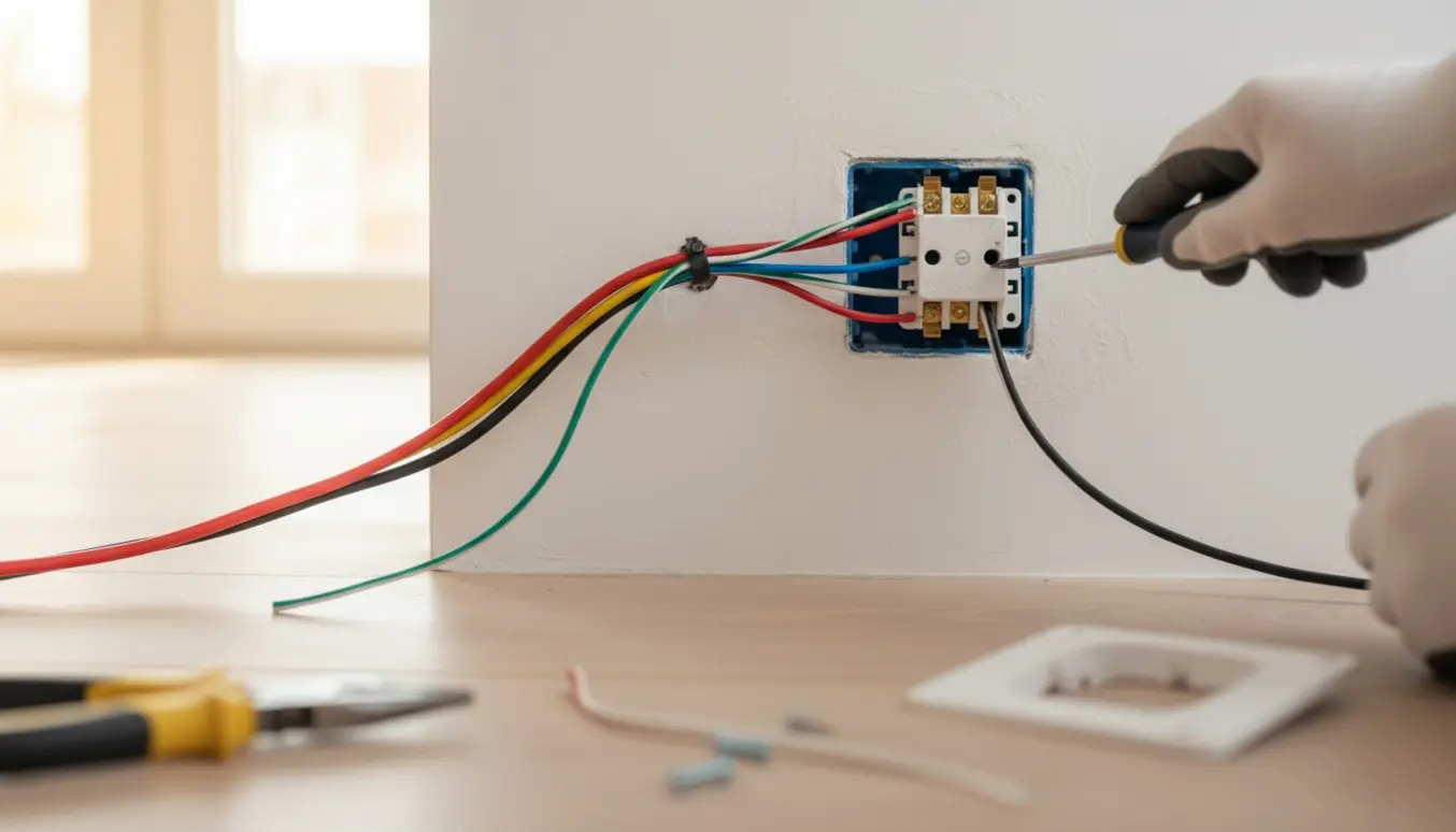 Nærbillede af hænder, der udskifter en stikkontakt og monterer et plastikbeslag med synlige kabler og værktøj.