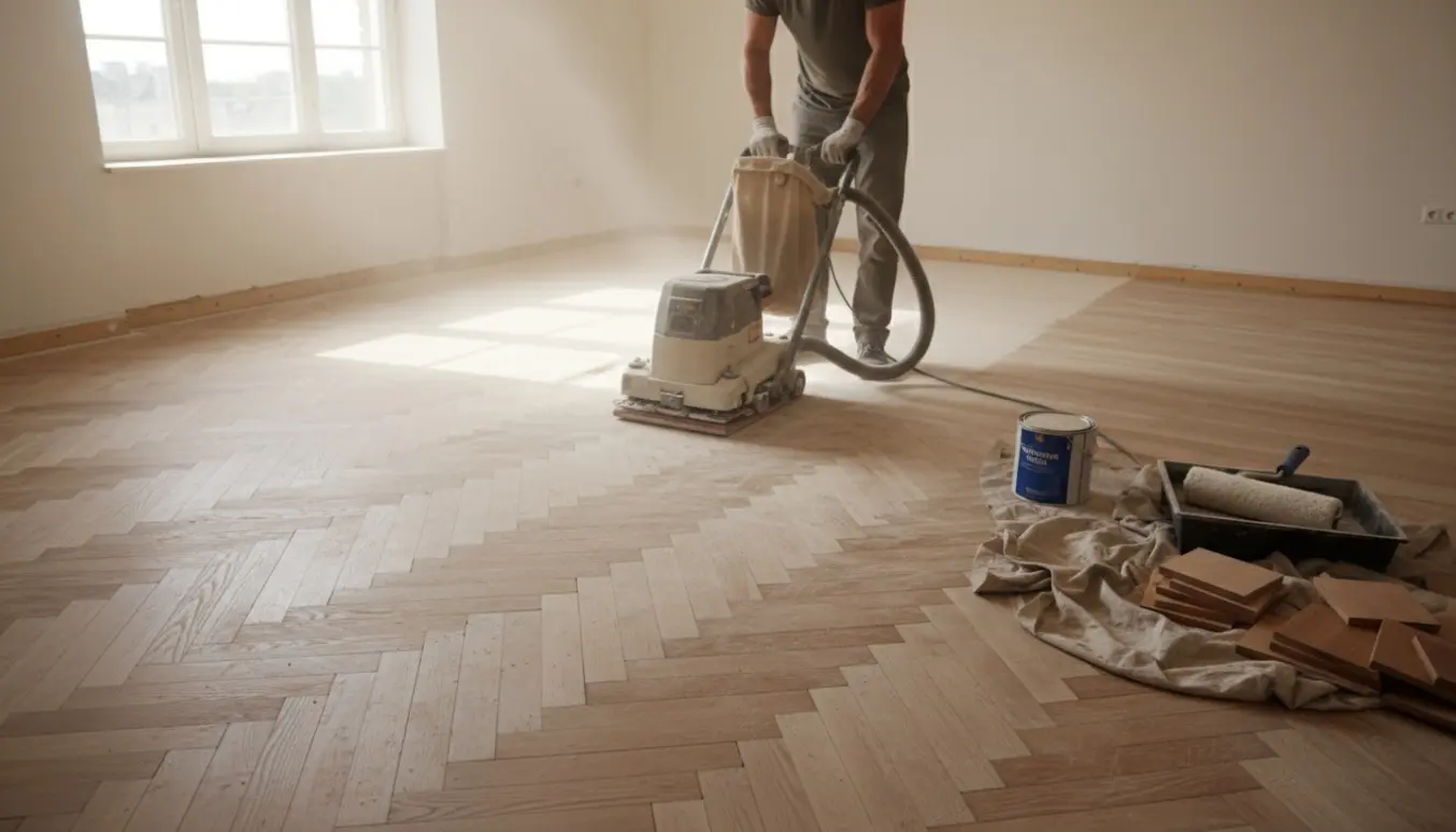 Tom stue med parketgulv under let slibning og vandbaseret mat lakering, hvor forskellen mellem slidt og nyslebet gulv er tydelig.