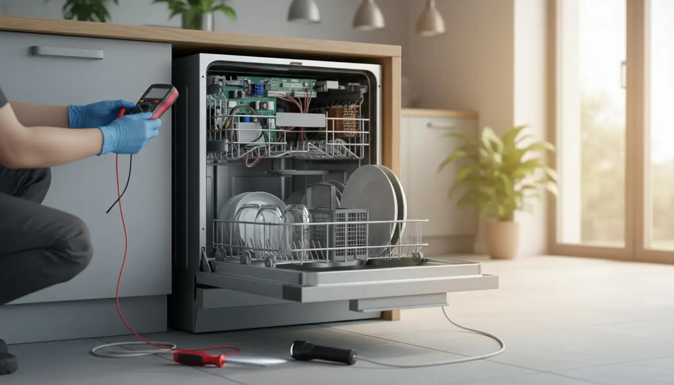 En åben opvaskemaskine med eksponerede ledninger, en teknikerhånd og et multimeter i et lyst køkken.