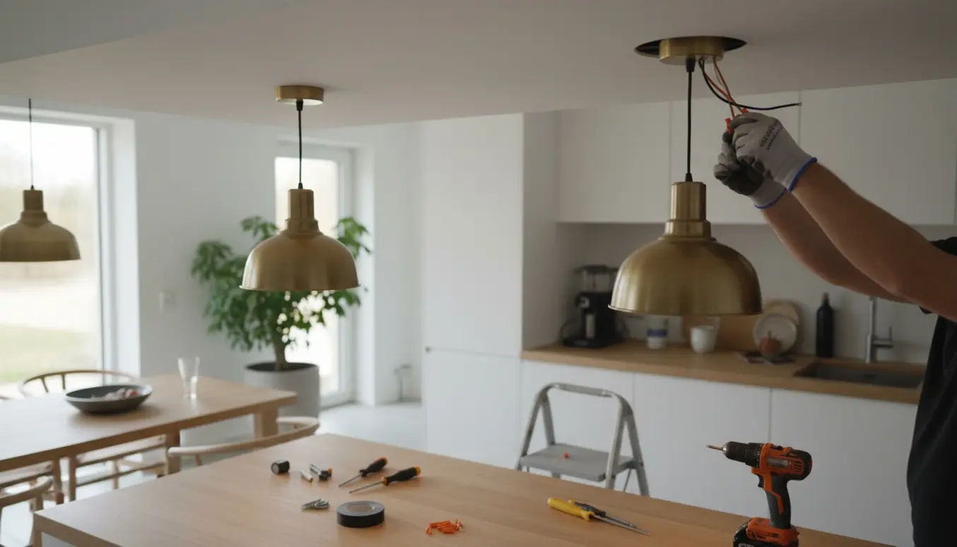 Hænder tilslutter en pendellampe over en køkkenø, mens en anden lampe allerede er monteret.