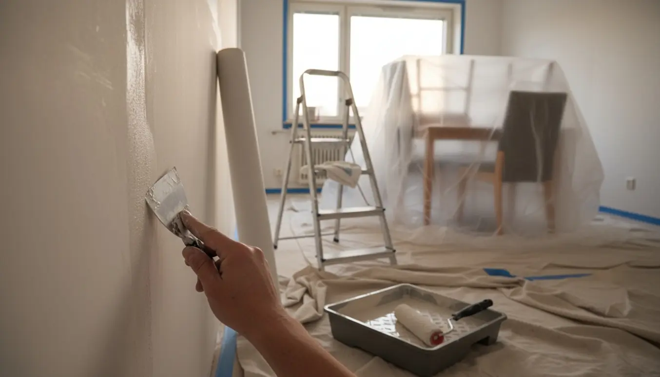 Nærbillede af spartling, opsætning af filt og klargøring til maling i et oplyst rum under renovering.