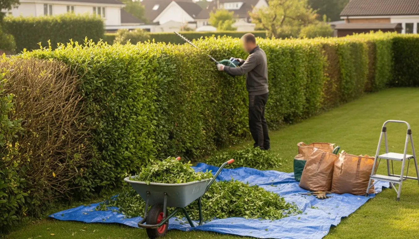 Hækkeklipper og trillebør ved en nyslået ligusterhæk, hvor afklip samles til bortkørsel.