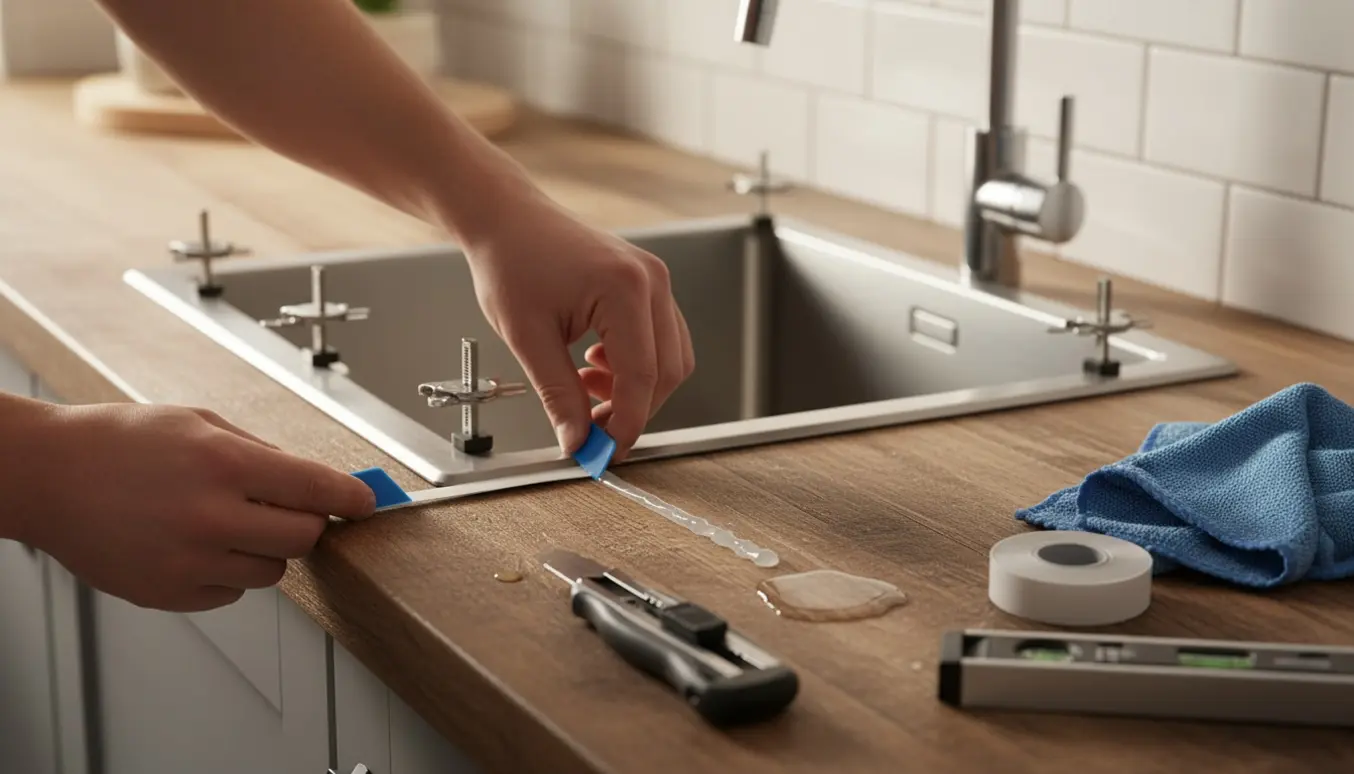 Hænder installerer en vandtæt vinylkant omkring en løs køkkenvask på en træbordplade.