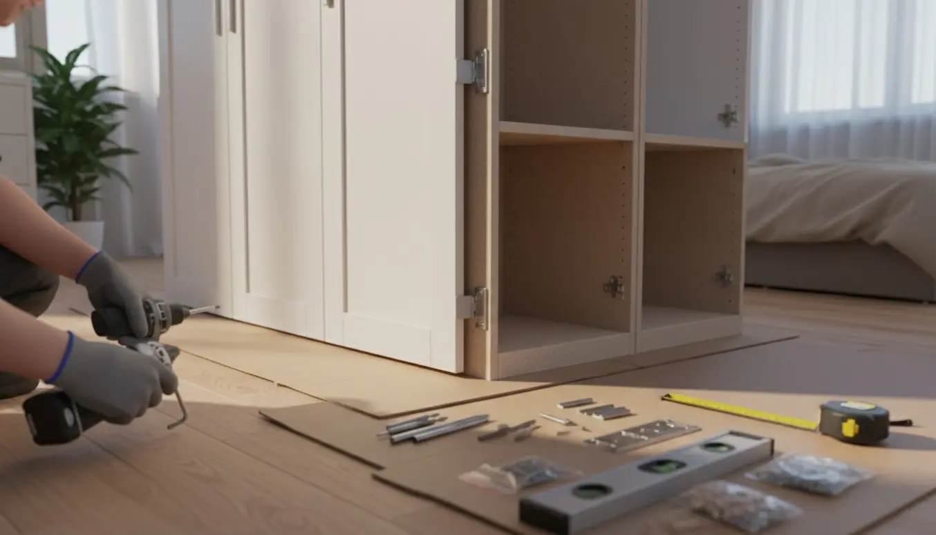 Samling af et tre-sektioners IKEA PAX-garderobeskab med to hængslede låger og værktøj på gulvet.