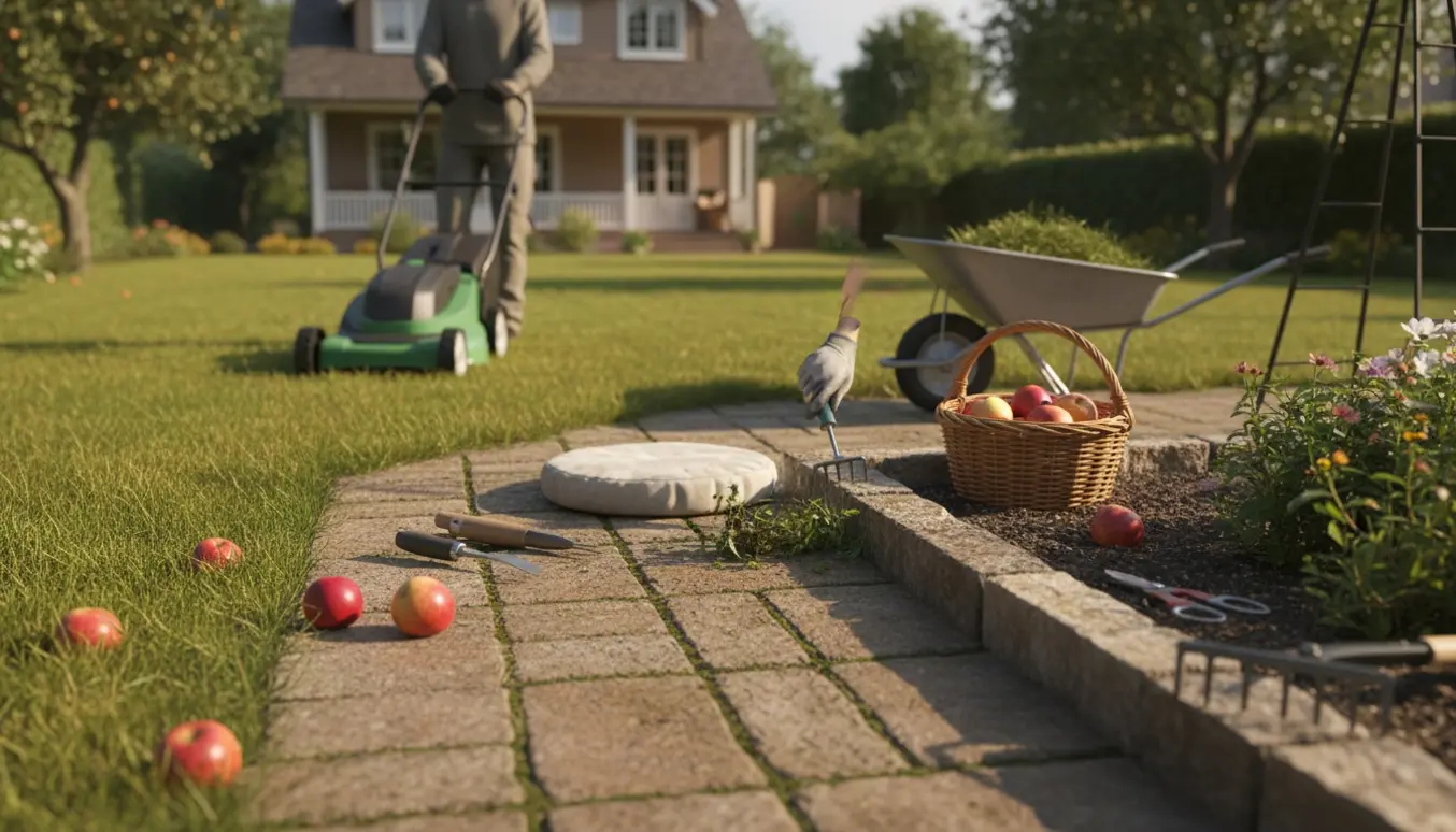 Nærbillede af havearbejde med græsslåning, fjernelse af ukrudt mellem fliser og indsamling af nedfaldsæbler.
