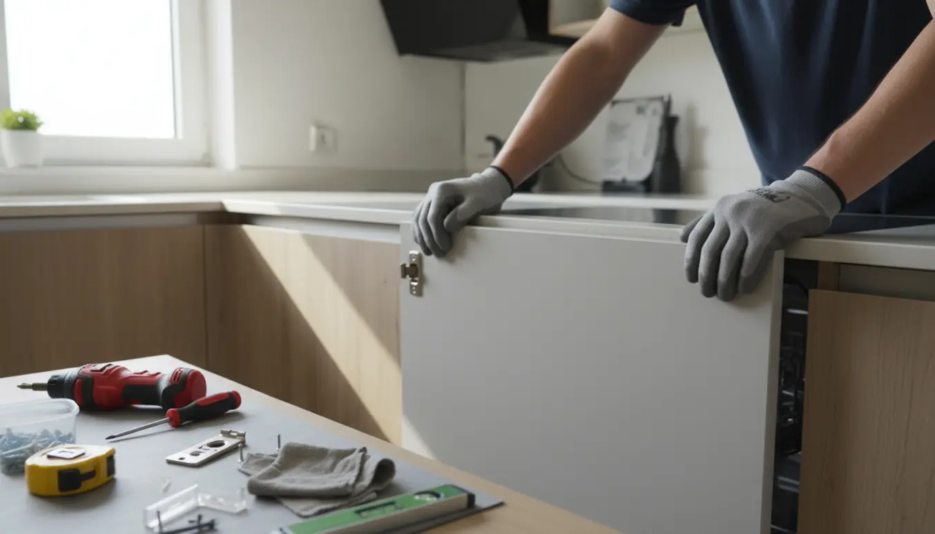 Montering af en Voxtorp-køkkenlåge på en integreret AEG-opvaskemaskine med hængsler og værktøj i fokus.