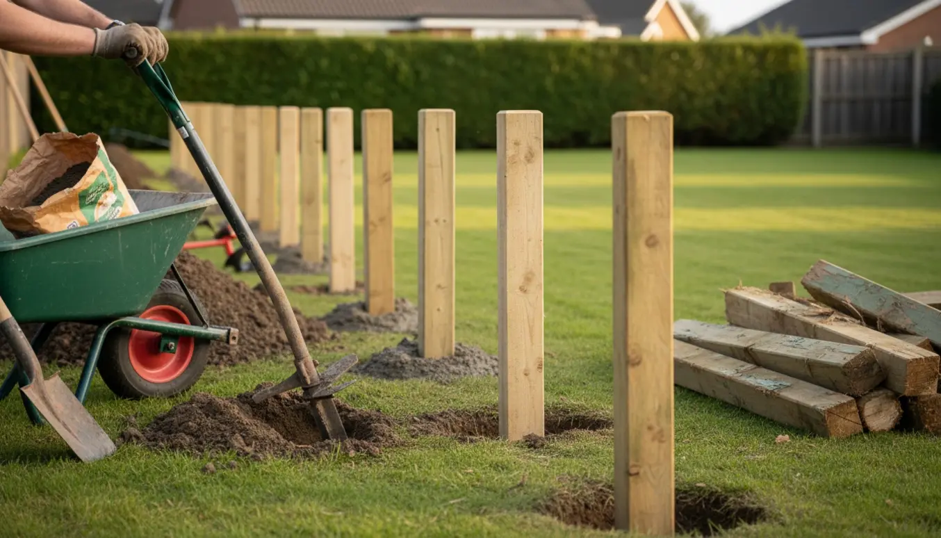 Udskiftning af trykimprægnerede 100x100 mm skelhegnsstolper i beton med værktøj og jord i forgrunden.
