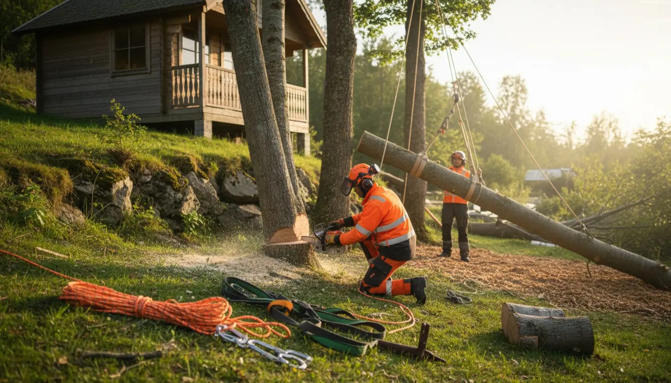 Arborist fælder og sænker træsektioner kontrolleret ved et sommerhus på en skråning.