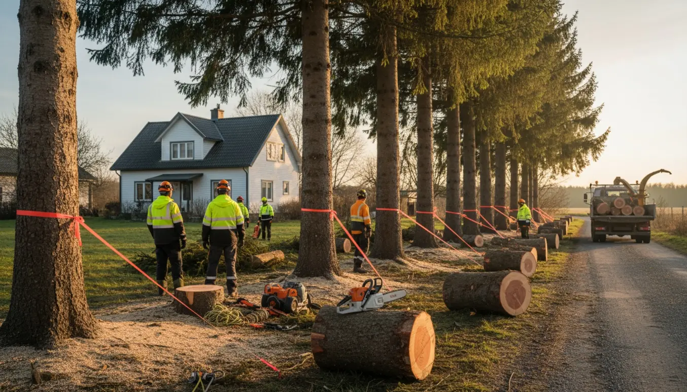 Fældning af otte gamle graner langs skel med afmærkede skelpæle, stakke af tømmer og arbejdshold ved stikvej.