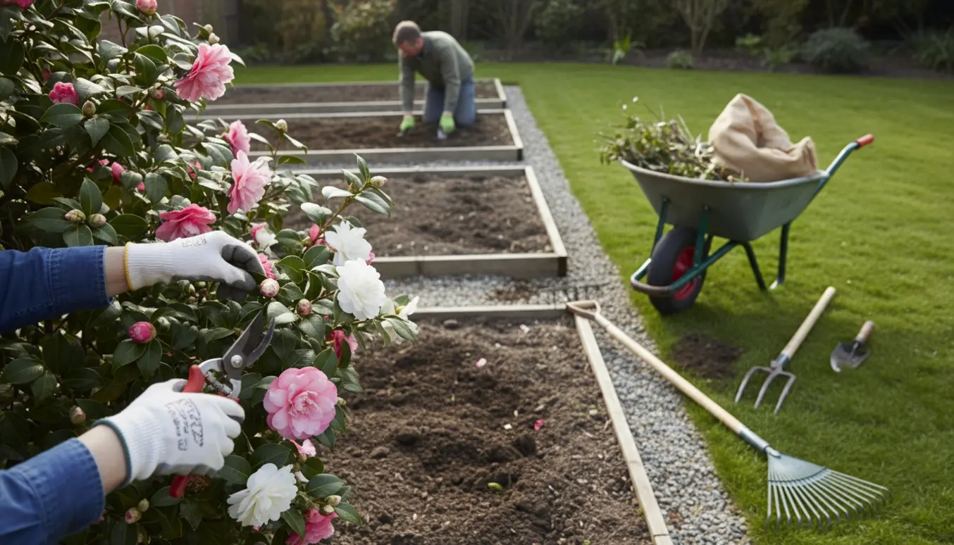 Gartner beskærer buske, fjerner visne blomster, luger og kultiverer små bede med værktøj og trillebør i en forårshave.