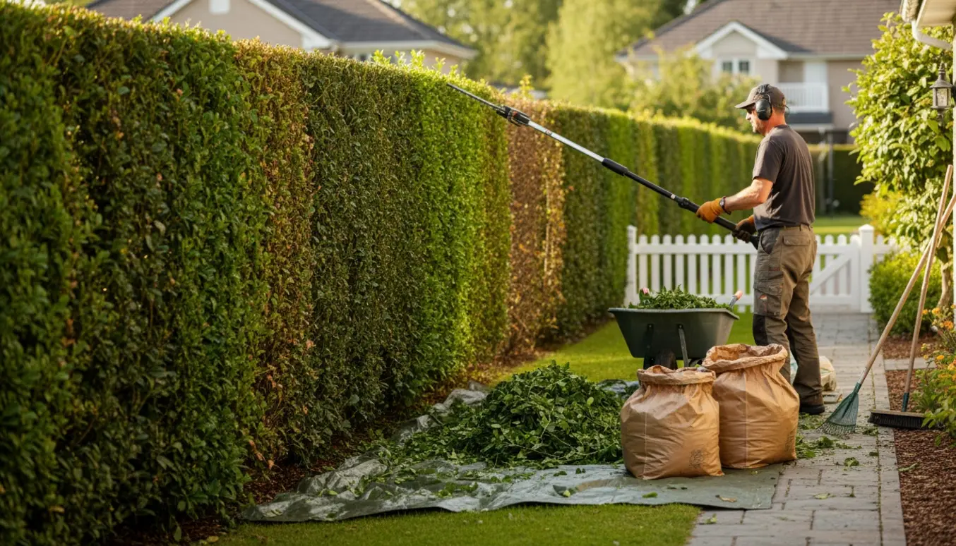 En person trimmer en lang, høj hæk langs en ejendomsgrænse med afklip samlet i trillebør og sække klar til fjernelse.