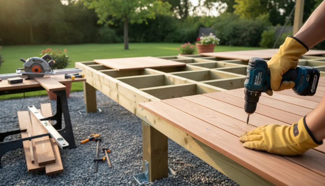 Delvist opført fritstående træterrasse i baghaven med håndværkerhænder og værktøj i varmt eftermiddagslys.
