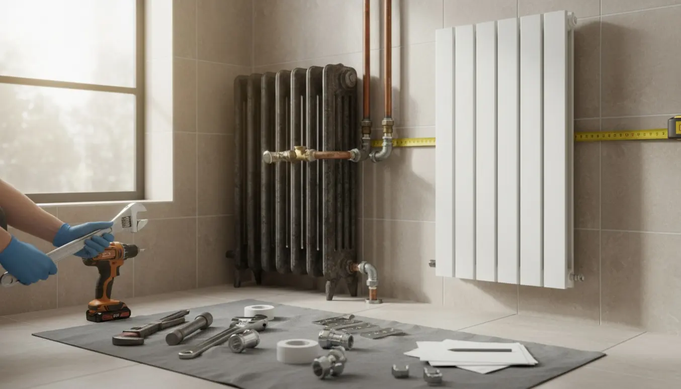 Et badeværelse under renovering med en gammel radiator delvist fjernet og en montør i handsker, der arbejder på rørforbindelserne, mens en ny radiator venter på montering.