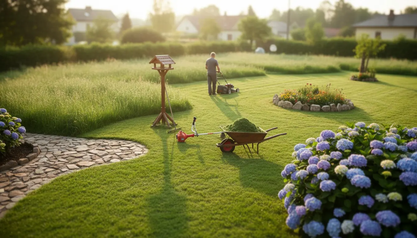 Have med meget højt græs, en person set bagfra klipper plænen, rund natursti, hortensiabed og fuglefoderbræt.