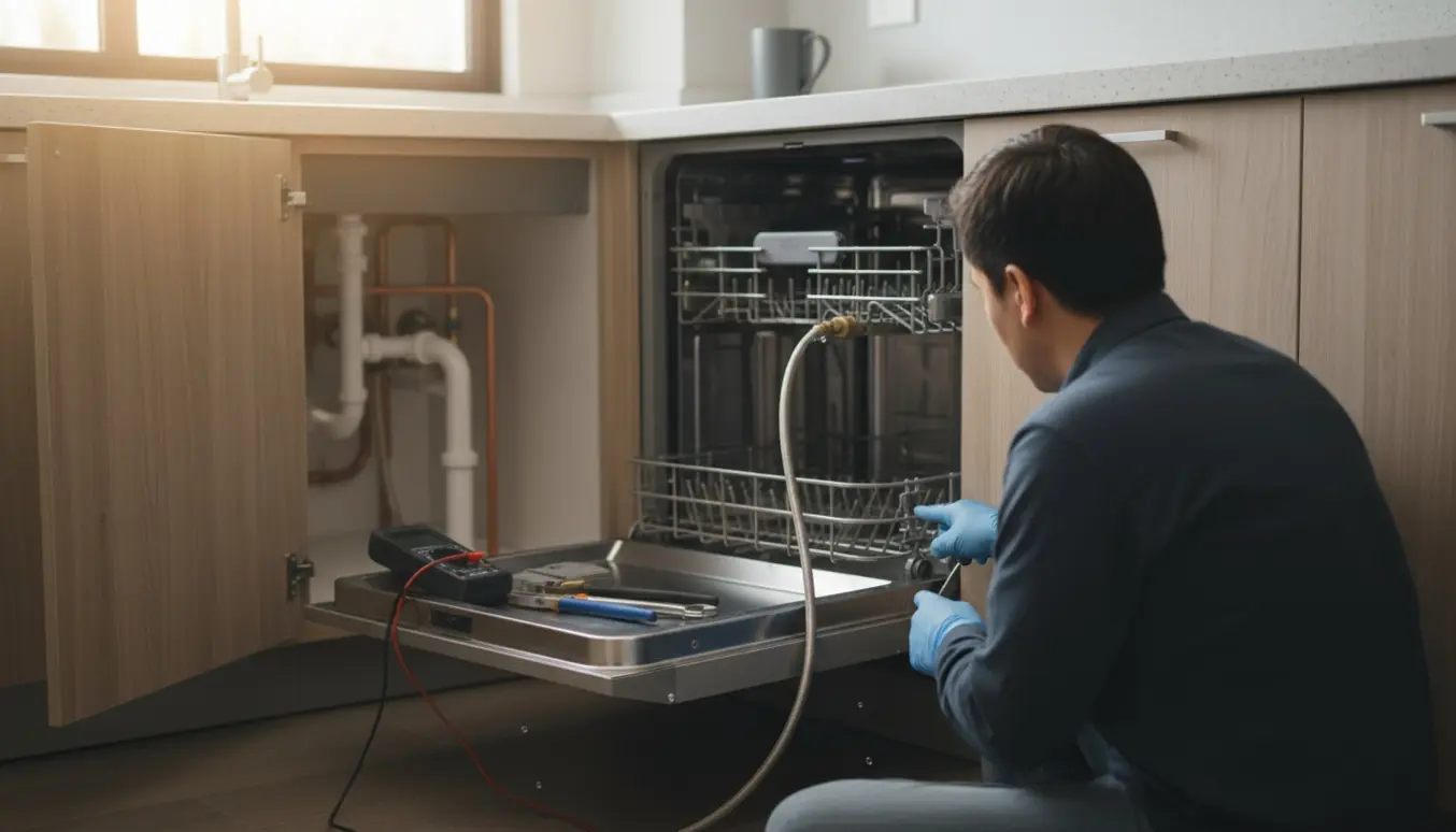 Åben opvaskemaskine med tekniker, der inspicerer vandtilslutningen og værktøj på køkkenbordet.