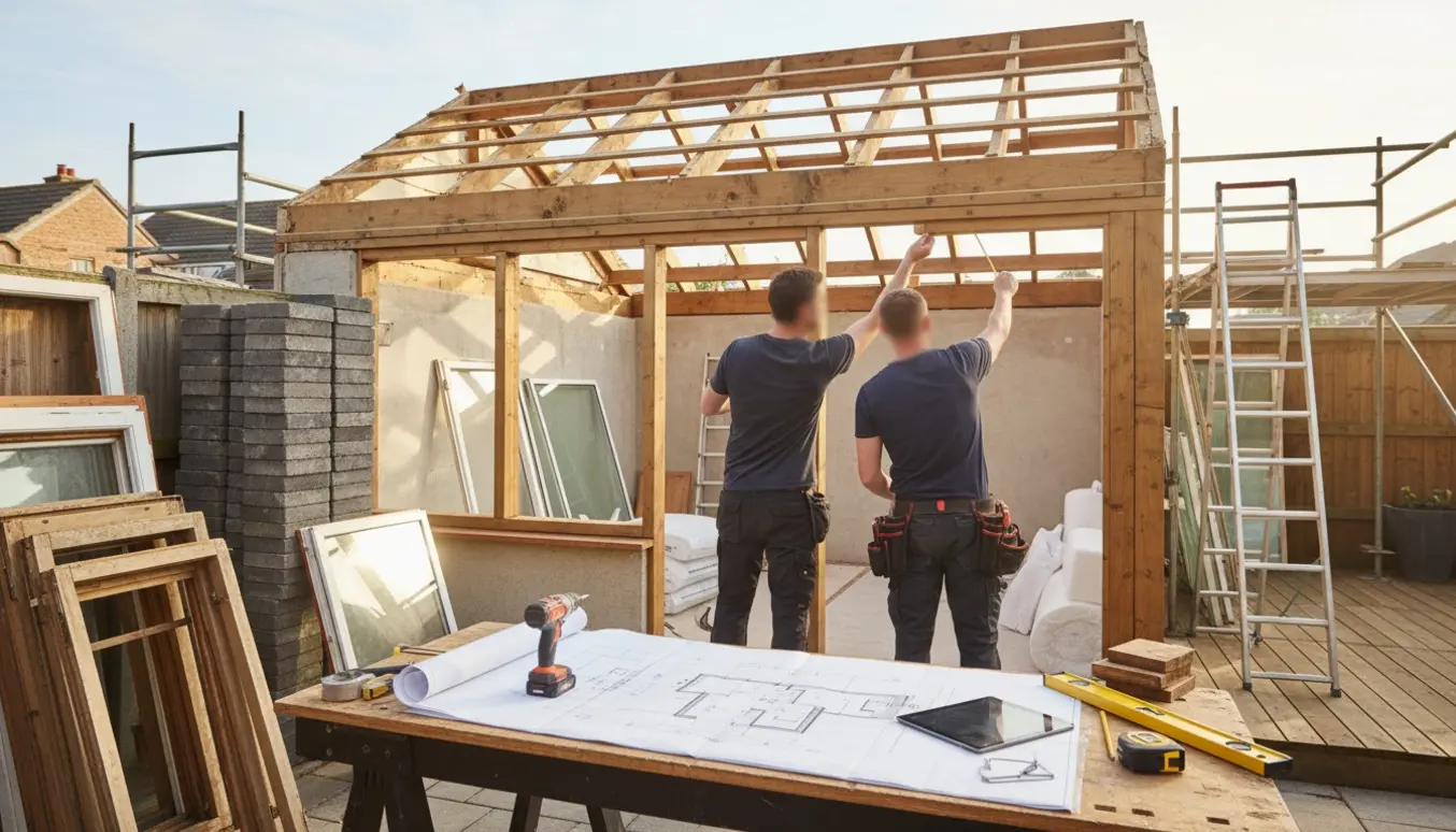 Renovering af udestue med taget delvist fjernet, materialer og to personer der diskuterer plantegninger.