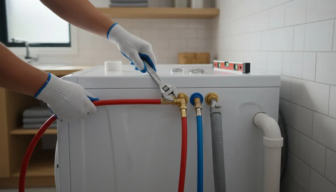 Nærbillede af hænder, der tilslutter vand- og afløbsslanger til en vaske-tørremaskine i et lyst bryggers.