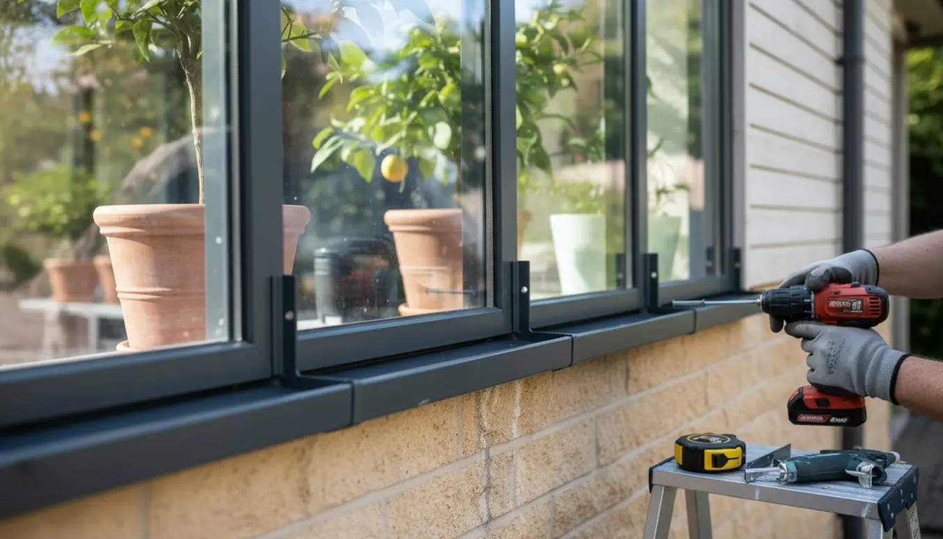 Nærbillede af montering af en smal 5 cm tagrende langs en orangery for at forhindre vandskader.