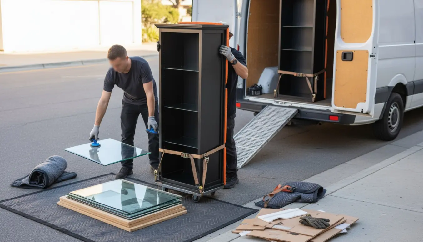 To flyttere læsser en jernvitrine med afmonterede glashylder ind i en varevogn med beskyttelsesudstyr omkring.